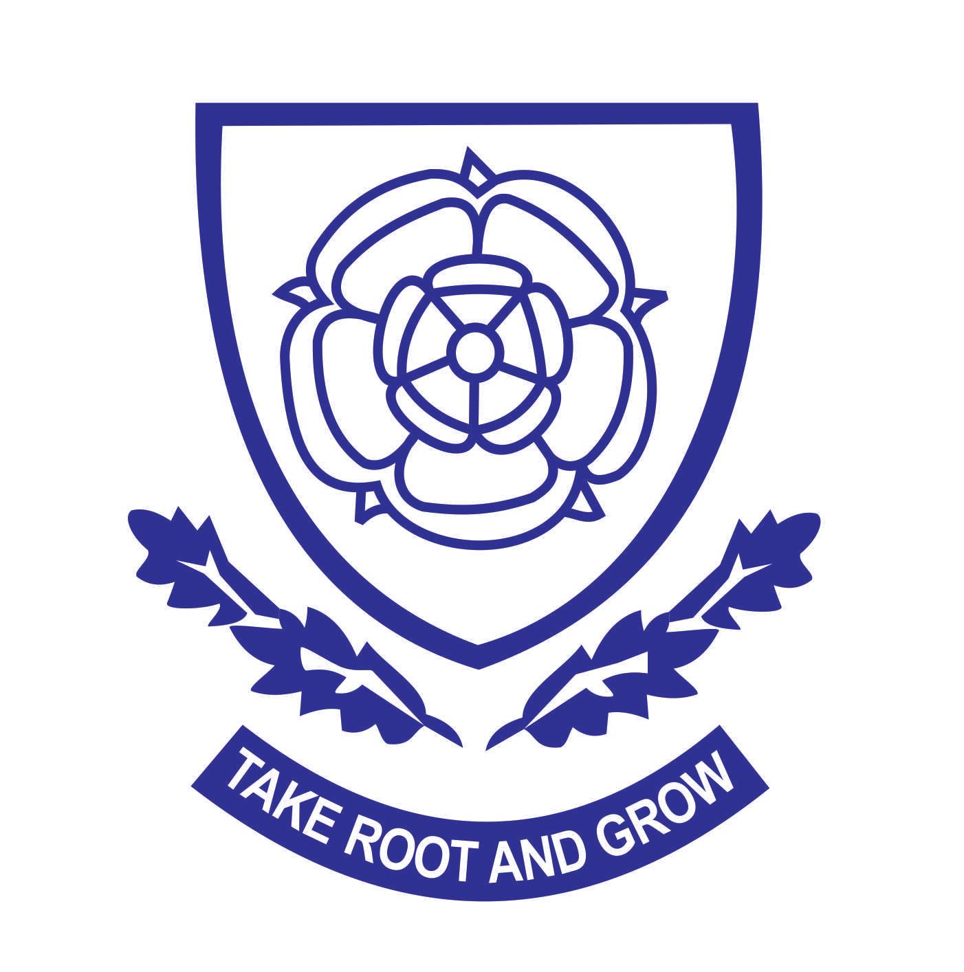 Blue shield with a stylized rose and two oak leaves above the motto 'Take Root and Grow'.