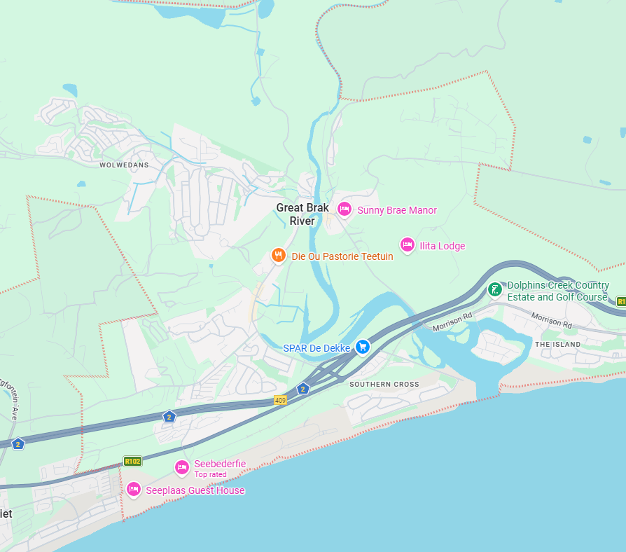 Map of Great Brak River area with roads, river, lodging, golf course, and guest houses marked.