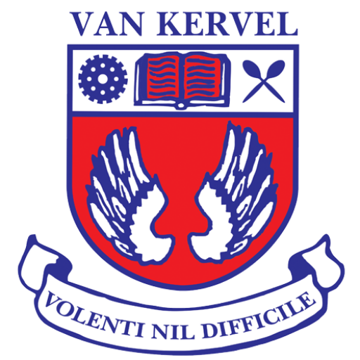Van Kervel school crest with gear, open book, propeller, wings, and motto Volenti Nil Difficile.